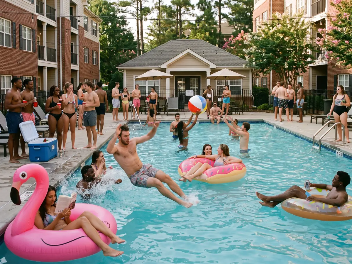A packed apartment pool party in Raleigh: guests on floats, a ball in the air, someone mid cannonball