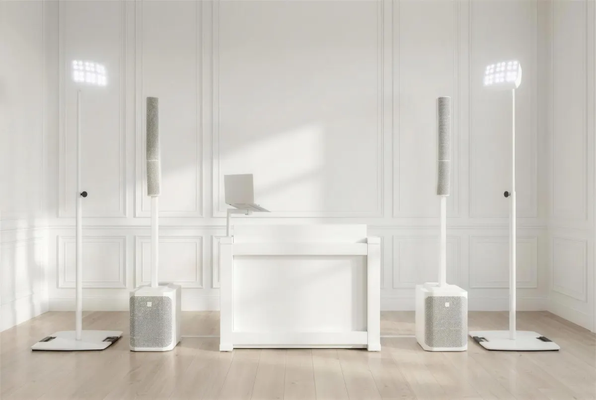 The all-white Mobile DJ Direct booth, speakers and light stands, set up in a white panelled room